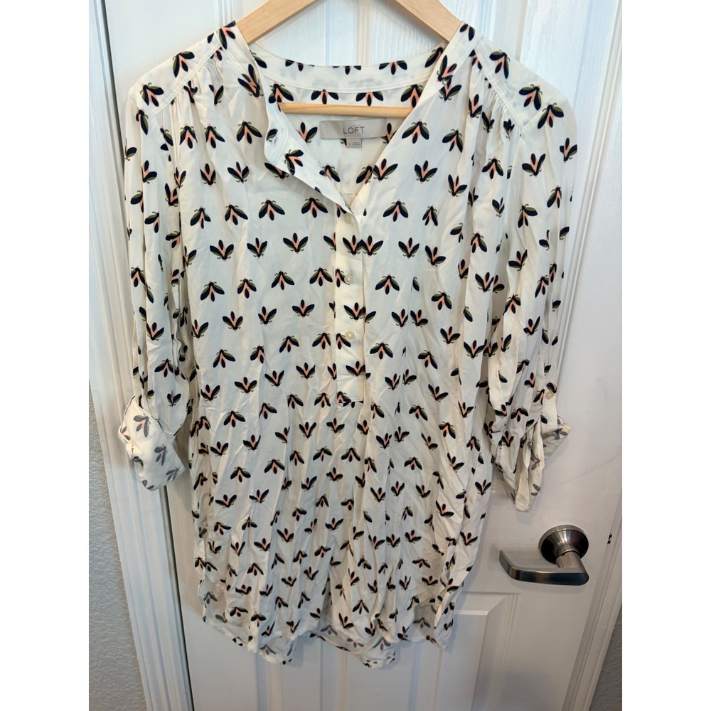 LOFT Tunic Blouse White Floral Roll Tab Sleeve Split Neck Casual Top